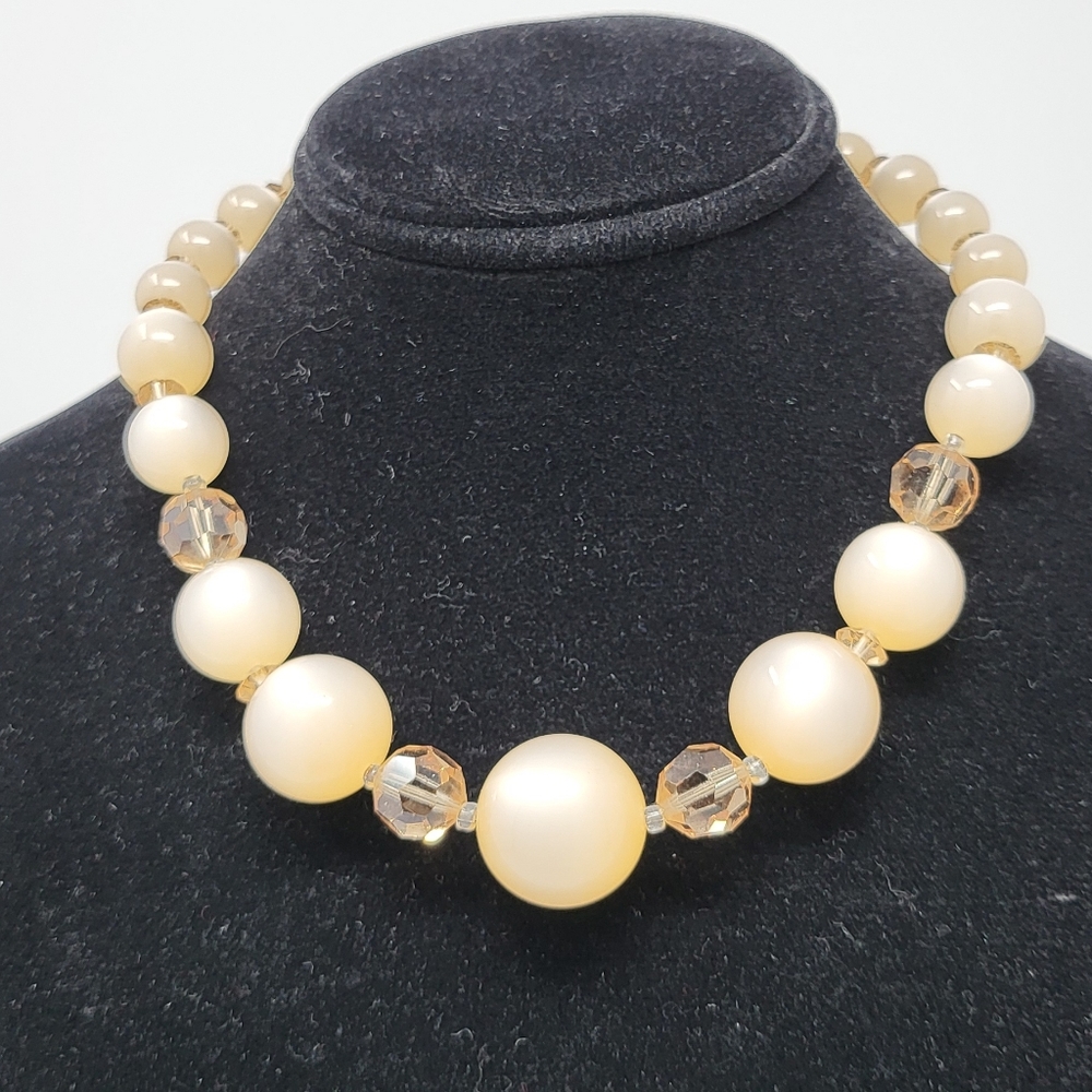 Rare Vintage Lucite Creamy White and Crystal Bead Necklace